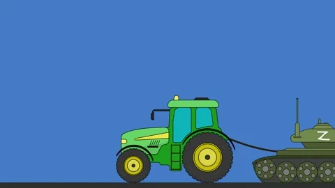Green tractor tows away a Russian tank with a Z sign symbol animation Stock Footage 175239587
