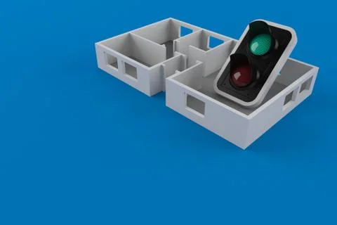 Green traffic light inside house plan Stock Illustration