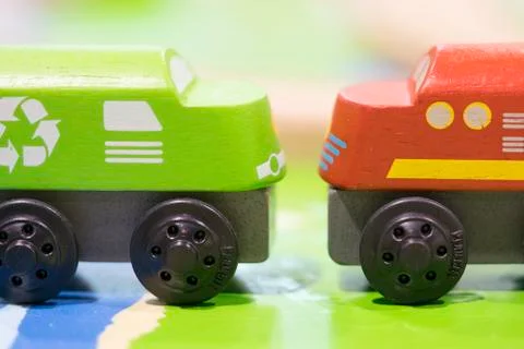 Green train and Red train Wooden toy - Toys for kids Play set Educational toy Stock Photos