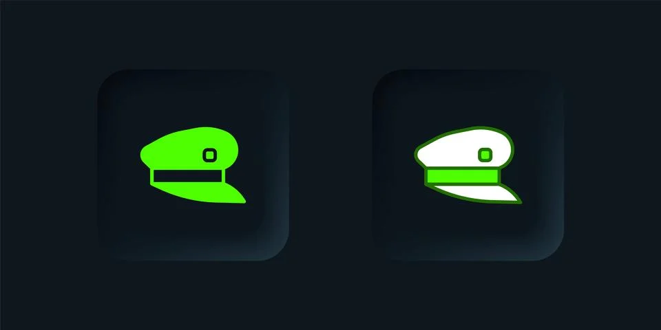 Green Train driver hat icon isolated on black background. Black square butt.. Stock Illustration