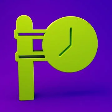 Green Train station clock icon isolated on purple-blue background. Minimali.. Illustrazione stock