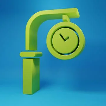 Green Train station clock icon isolated on blue background. Minimalism conc.. Illustrazione stock