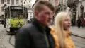 Green tram and people on the Market Square in Lviv, Western Ukraine HD Footage
