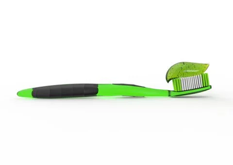 Green translucent plastic toothbrush with green transparent gel toothpaste. 3 Illustrazione stock