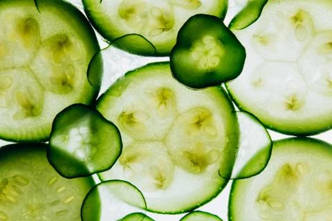 Green translucent slices of cucumber on the background of bright white light  Stock Photos