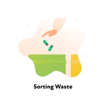 Green trash bin with with hand dropping battery isolated on white. Stock Illustration