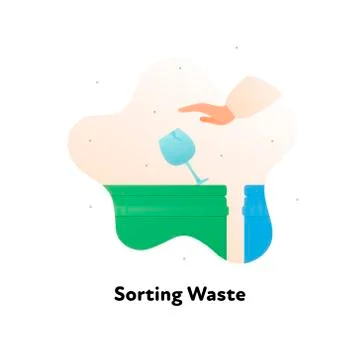 Green trash bin with with hand dropping wineglass isolated on white Stock Illustration