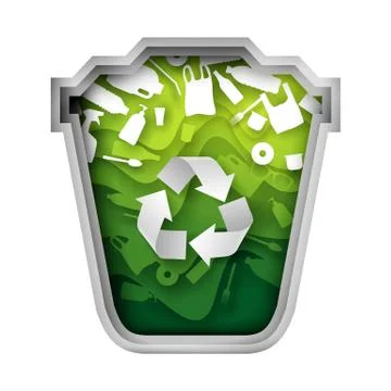 Green trash can with plastic garbage, vector paper cut illustration Illustrazione stock