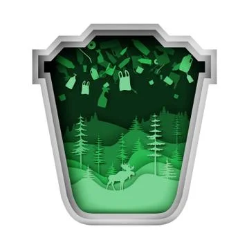 Green trash can with plastic garbage forest nature elk silhouette, vector paper Illustrazione stock