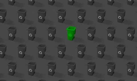 Green Trash Can Surrounded by Black Trash Cans. Stock Illustration