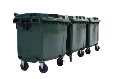 Green trash cans or garbage containers isolated on white background Stock Photos