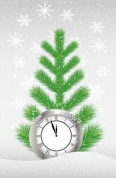 Green tree and clock on to snow Stock Illustration