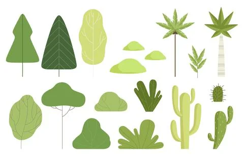 Green Tree and Plants with Bush, Palm and Cactus Big Vector Set Stock Illustration