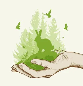 Green tree and rabbit in the hand Stock Illustration