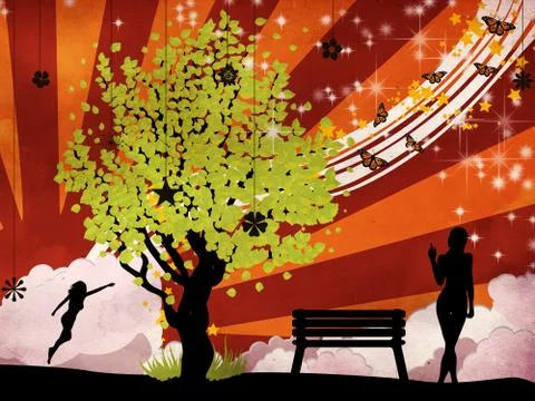 Green tree and woman イラスト素材