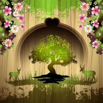Green tree with animals and flowers Stock Illustration