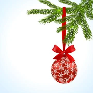 Green tree branch with red ball and ribbon on a white background.  decorate.. Illustrazione stock