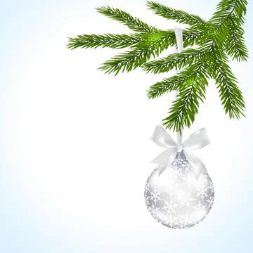 Green tree branch with silver ball and ribbon on a white background. Ball d.. Illustrazione stock