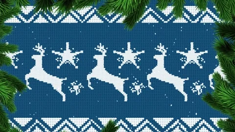 Green tree branches against christmas traditional pattern with reindeers on blue Stock Footage 330294203