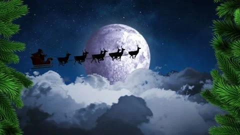 Green tree branches over santa claus in sleigh being pulled by reindeers against Stock-Footage 162931664