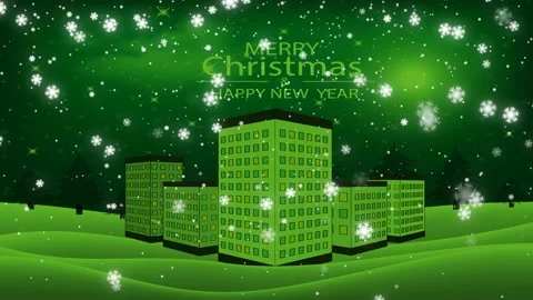 Green tree branches over snow falling over christmas tree and multiple houses Video stock 164255096