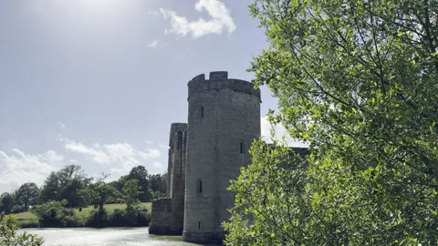 Green tree branches revealing stone fortress panning Stock Footage 336816424