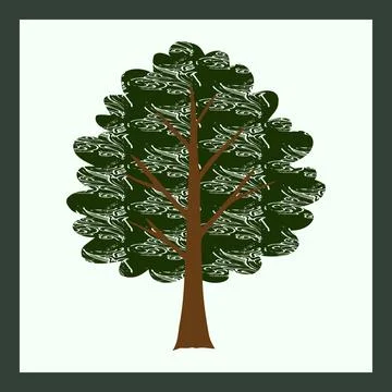 Green Tree with Brown Trunk Isolated on White Background with Dark Border Stock Illustration