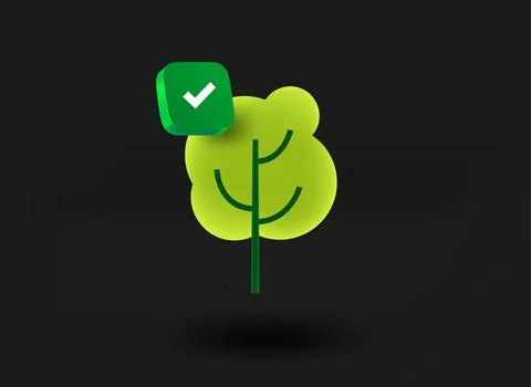 Green tree with checkmark icon. 3d vector illustration Иллюстрация