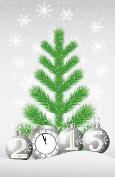 Green tree, clock and marbles with numbers 2015 on to snow Stock Illustration