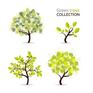 Green Tree Collection with different stylized leaves. Eco style symbols set.  Stock Illustration