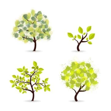 Green Tree Collection with different stylized leaves. Eco style symbols set. Stock Illustration