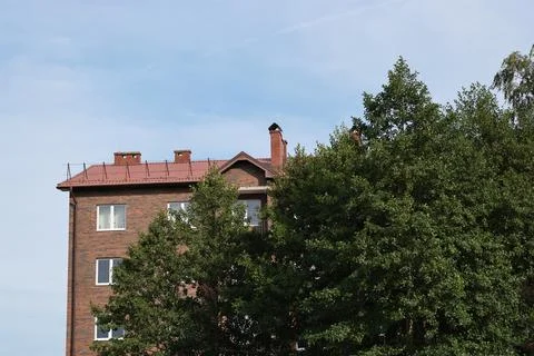 Green tree crowns swaying by wind near brick apartment building with red ro.. Stock Photos