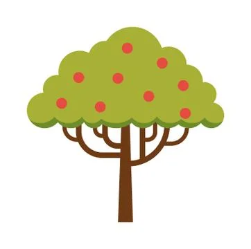 Green tree full of red apple garden summer organic season food fruits flat Stock Illustration