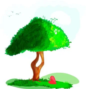 Green tree with grass and clouds and heart Stock Illustration