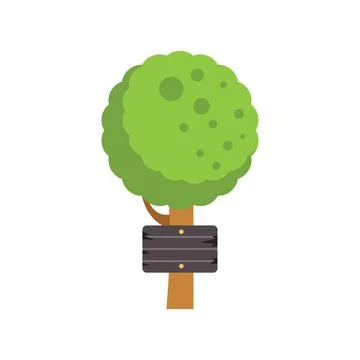 Green tree holding empty wooden sign on white background Stock Illustration