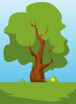 Green tree at the park cartoon vector illustration. Oak tree old trunk with Stock Illustration