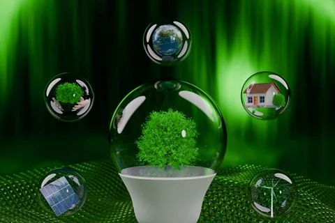 A green tree in a pot surrounded by bubbles showcasing eco friendly themes Illustrazione stock