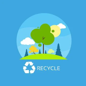 Green tree recycle flat eco icon blue sky clouds vector Illustrazione stock