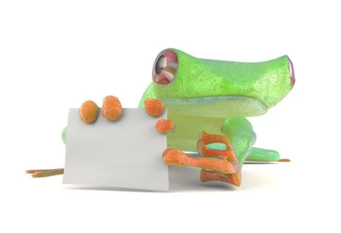 Green tree red eye frog with a blank sign pointing by toe 3d illustration Stock Illustration