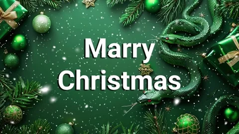 Green tree snake on a green background with Christmas tree branches. Stock Footage 264556685