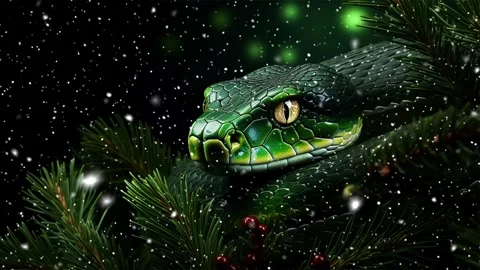 Green tree snake on a green background with Christmas tree branches. Stock Footage 264556686