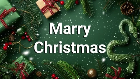 Green tree snake on a green background with Christmas tree branches. Stock Footage 264556688