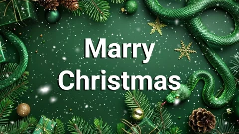 Green tree snake on a green background with Christmas tree branches. Stock Footage 264556692