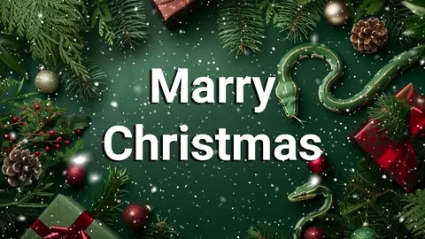 Green tree snake on a green background with Christmas tree branches. Stock Footage 264801356