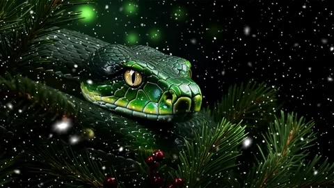 Green tree snake on a green background with Christmas tree branches. 库存影片 265677333