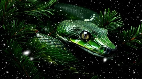Green tree snake on a green background with Christmas tree branches. Vídeo Stock 265677334