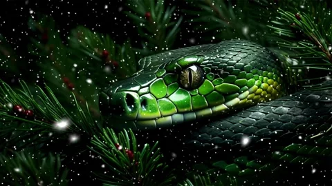 Green tree snake on a green background with Christmas tree branches. Vídeo Stock 265677432