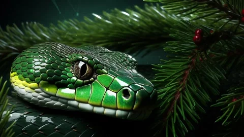 Green tree snake on a green background with Christmas tree branches. Stock Footage 273656201