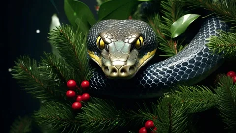 Green tree snake on a green background with Christmas tree branches. Stock Footage 273656202