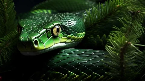 Green tree snake on a green background with Christmas tree branches. Stock Footage 273656212